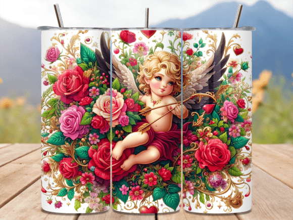 Cupid Angel Red Rose Floral Tumbler Wrap