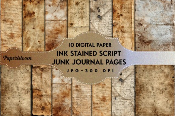 Ink Stained Script Junk Journal Pages